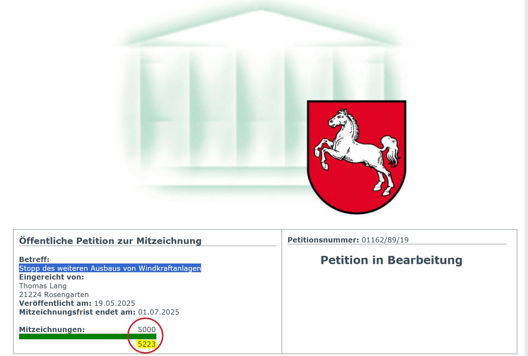 Geschafft! 5.223 Stimmen gegen Windkraftanlagen in Vogelschutzgebieten.